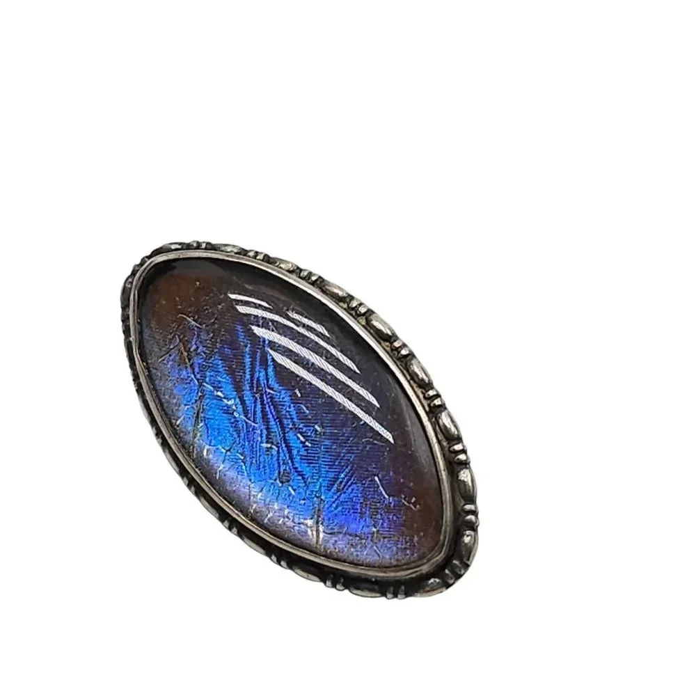 Sterling Silver Morpho Butterfly Wings Oval Brooch Pin Vintage Made in Englanda